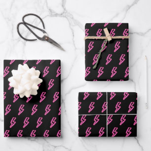 Pink Neon Lightning Bolt Pattern Wrapping Paper Sheet