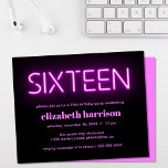 Pink Neon Lights 16th Birthday Party Invitation<br><div class="desc">Cool budget-friendly invitation for her 16th birthday party with "sixteen" in hot pink glowing neon lights against a black background.</div>