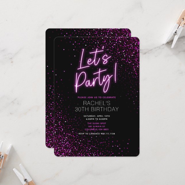 Pink Neon Modern Birthday Party Invitation (Front/Back In Situ)