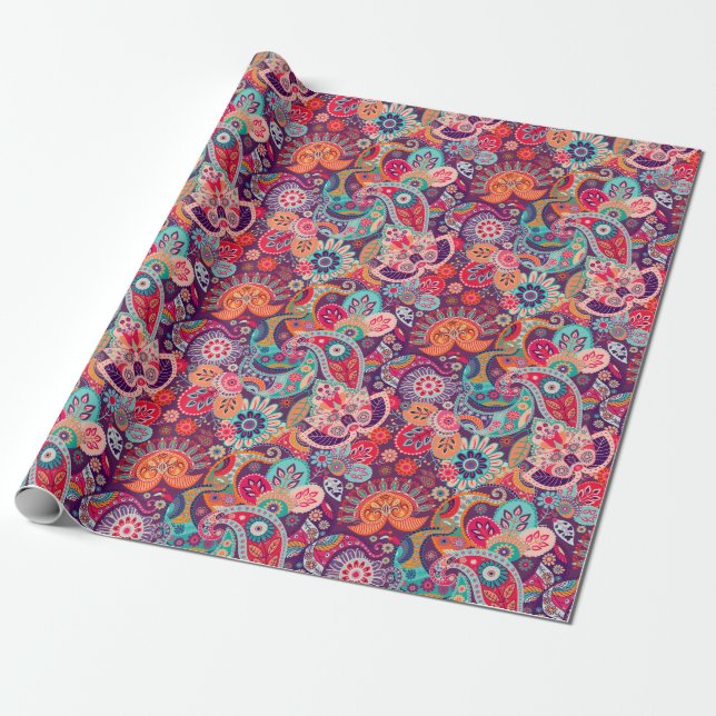 Pink neon Paisley floral pattern Wrapping Paper (Unrolled)