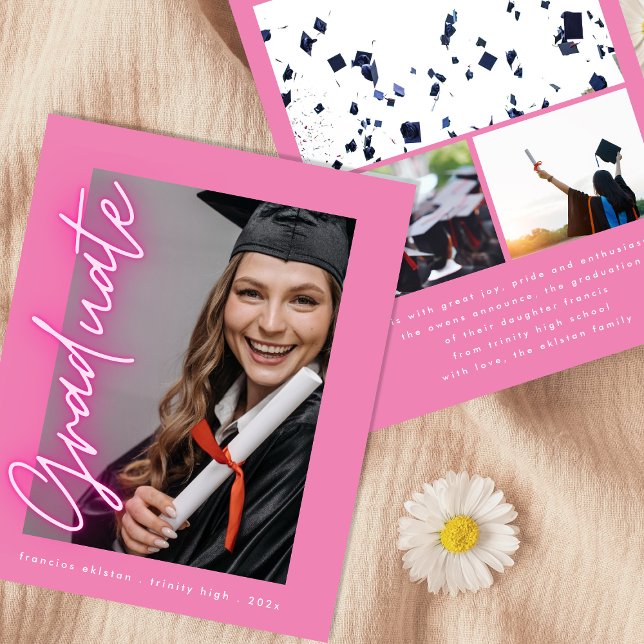 Pink Neon Photo High School Cheap Graduation Card (Creator Uploaded)