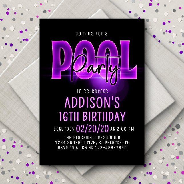 Pink Neon Pool Party Birthday Invitation (Creator Uploaded)