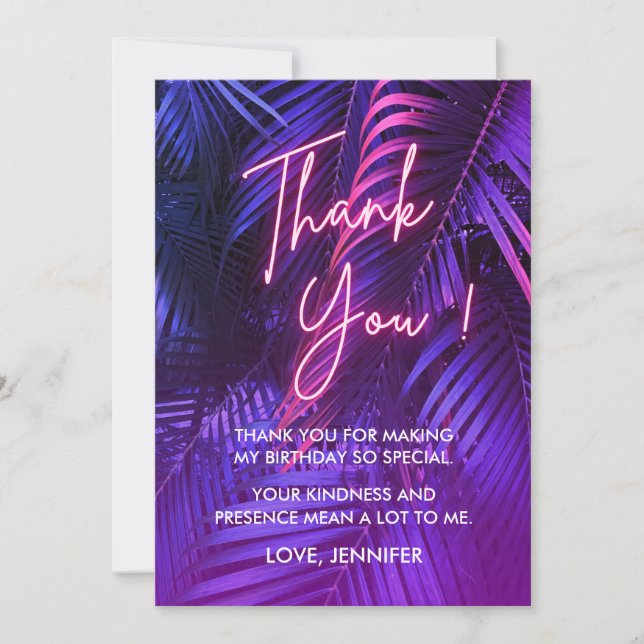 Pink Neon Purple Tropical Leaves Thank You Card (Front)