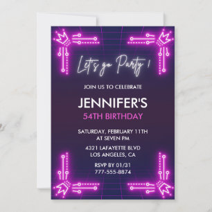 Pink Neon Simple 54th birthday invitations Girl