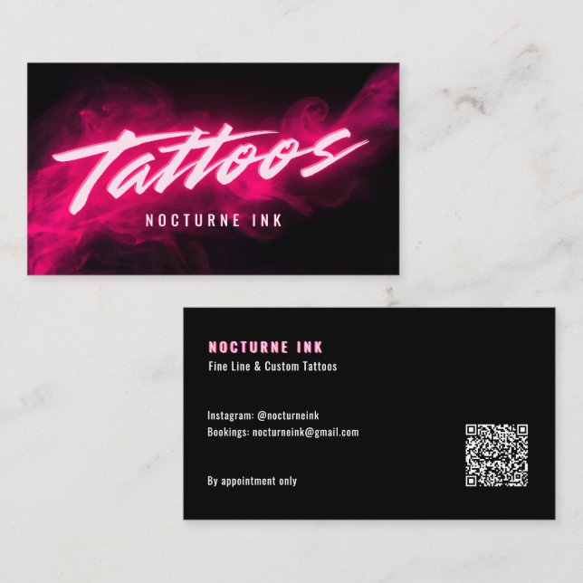Pink Neon & Smoke Tattoo Artist QR Code Business Card (Front/Back)