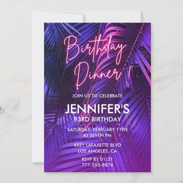 Pink Neon Tropical Dinner 93rd birthday Invitation (Front)