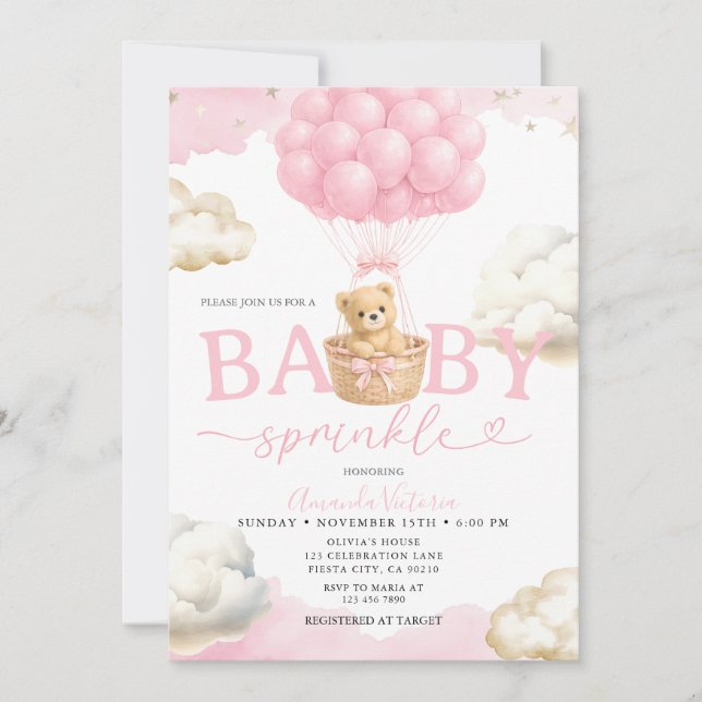 Pink Neutral Bear Cloud Balloon Baby Shower Invitation (Front)