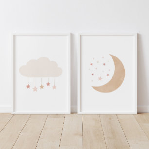 Pink Neutral Cloud and Moon Girl Nursery Decor