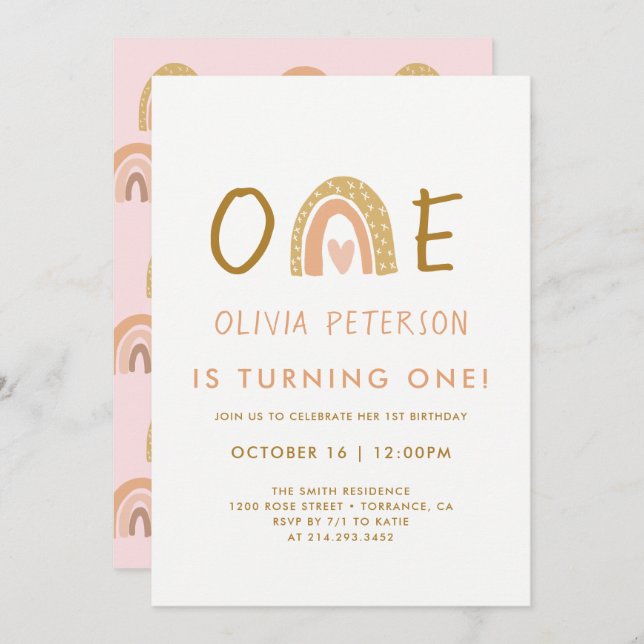 Pink Neutral Rainbow 1st Birthday Invitation Cards (Front/Back)