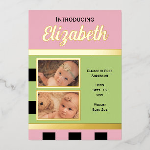 Pink new baby announcement gold foil flat card