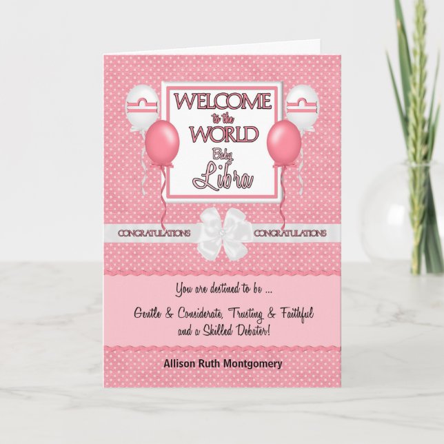 Pink New Baby Girl Libra Congratulations Card (Front)