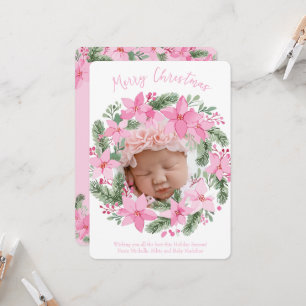 Pink New Baby Photo Christmas Card Girl Poinsettia