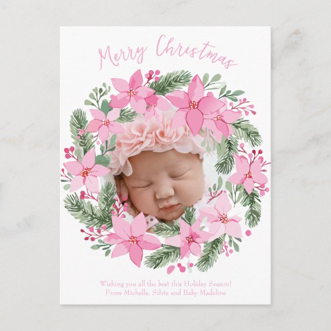 Pink New Baby Photo Christmas Card Girl Poinsettia (Front)
