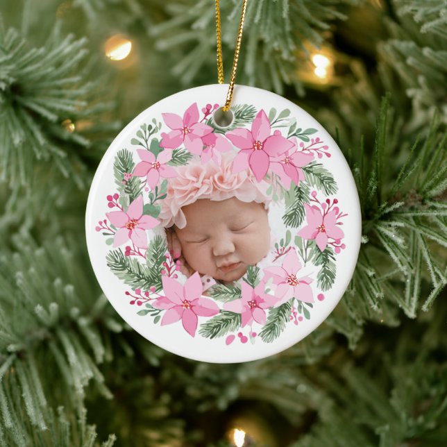 Pink New Baby Photo Christmas Girl Poinsettia Ceramic Ornament (Tree)