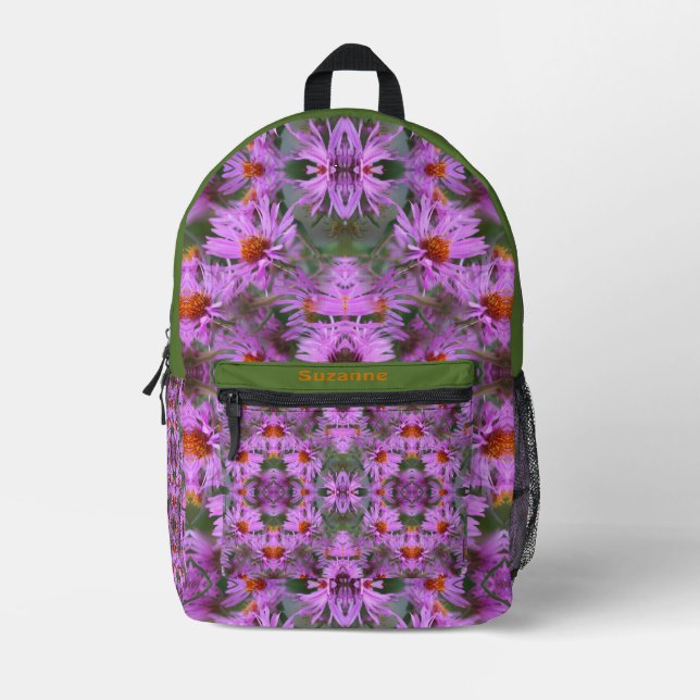 Pink New England Aster Flowers Personalised Printed Backpack (Front)