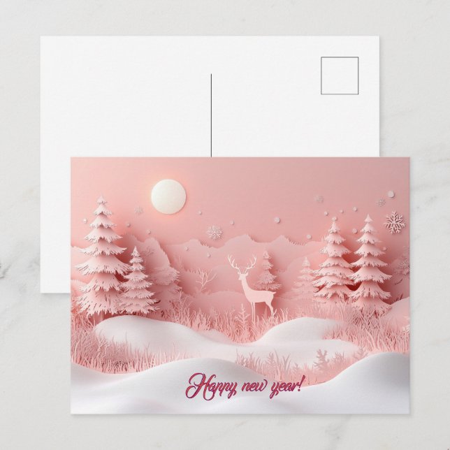 Pink New Year Snowy Forest Postcard (Front/Back)
