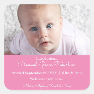 Pink Newborn Baby Photo Birth Announcement Square Sticker