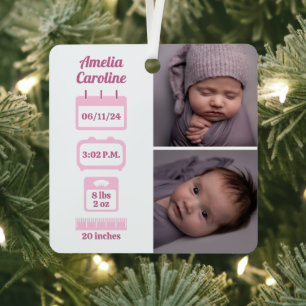 Pink Newborn Birth Stats  Metal Tree Decoration