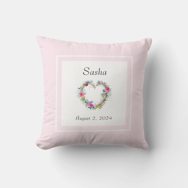 Pink newborn pillow monogrammed with date (Front)