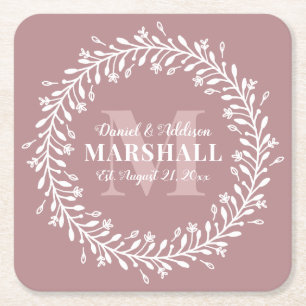 Pink Newlywed Couple Wreath Monogram Name Square Paper Coaster
