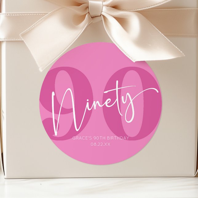 Pink Ninety 90th Ninetieth Birthday Party Favour Classic Round Sticker (Creator Uploaded)