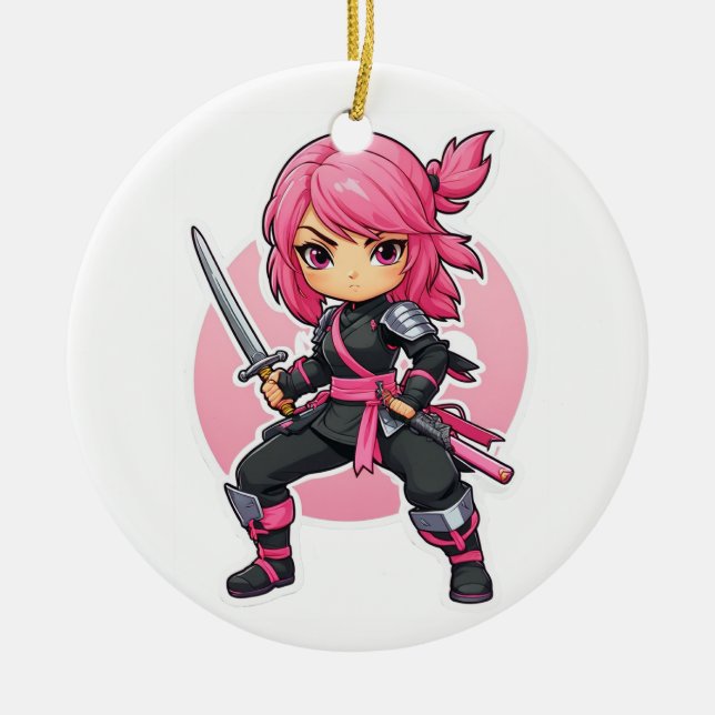Pink Ninja Girl Ceramic Ornament (Front)