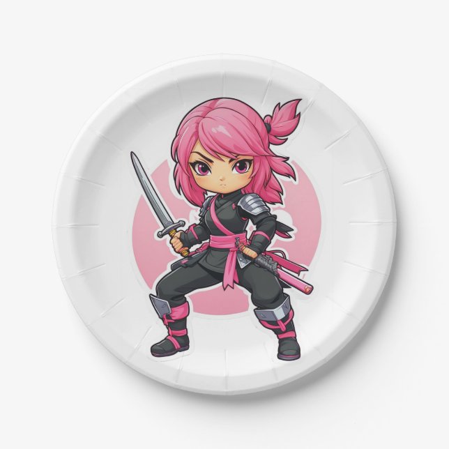 Pink Ninja Girl Paper Plate (Front)