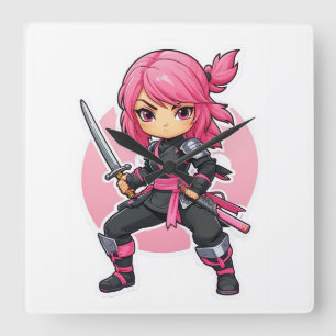 Pink Ninja Girl Square Wall Clock
