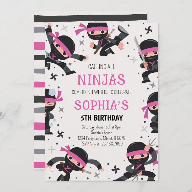 Pink Ninja Warrior Martial Arts Birthday Invitation (Front/Back)