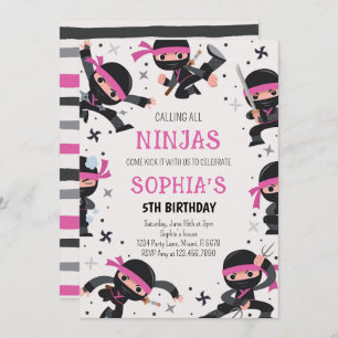 Pink Ninja Warrior Martial Arts Birthday Invitation
