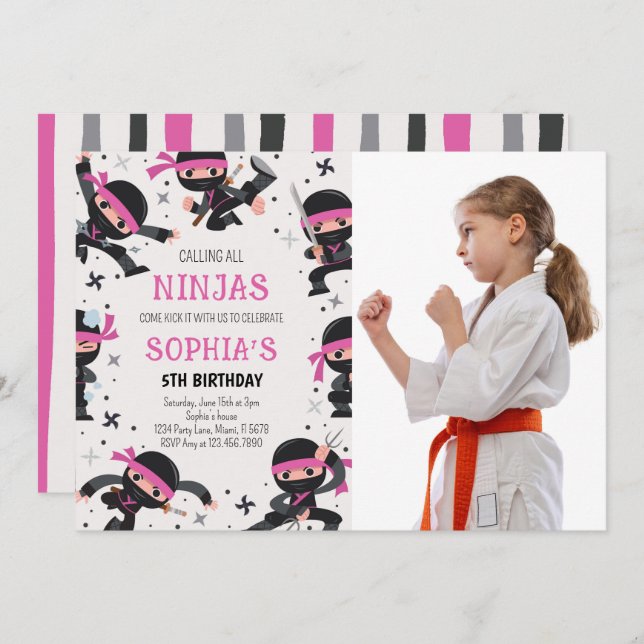 Pink Ninja Warrior Martial Arts Birthday Photo Invitation (Front/Back)