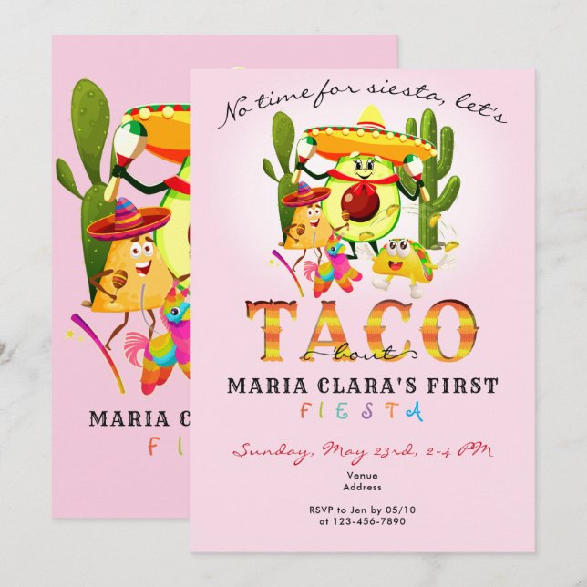Pink No Time For Siesta First Fiesta 1st Birthday Invitation (Front/Back)