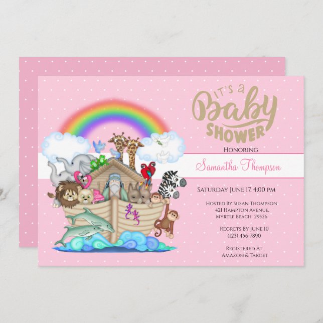 Pink Noah's Ark Baby Shower Invitation (Front/Back)