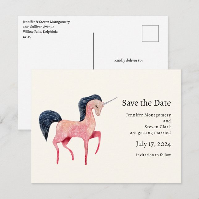 Pink Nordic Unicorn with Black Mane Announcement Postcard (Front/Back)