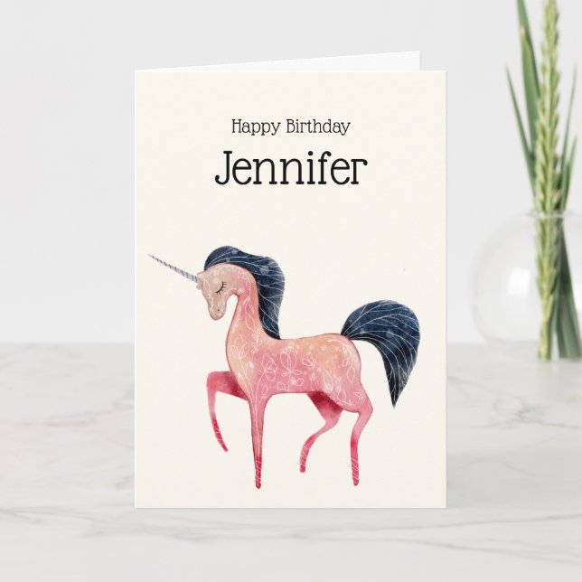 Pink Nordic Unicorn with Black Mane Birthday Card (Front)