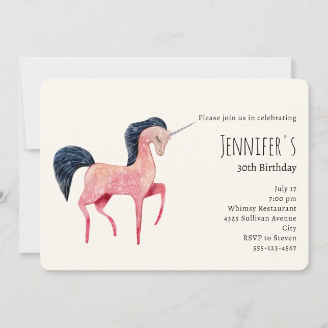 Pink Nordic Unicorn with Black Mane Birthday Invitation (Front)