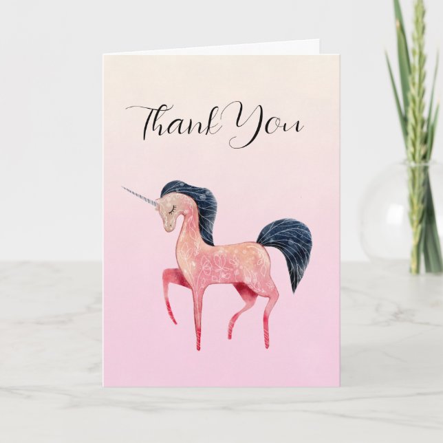 Pink Nordic Unicorn with Black Mane Thank You Card (Front)