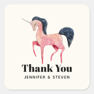 Pink Nordic Unicorn with Black Mane Thank You Square Sticker