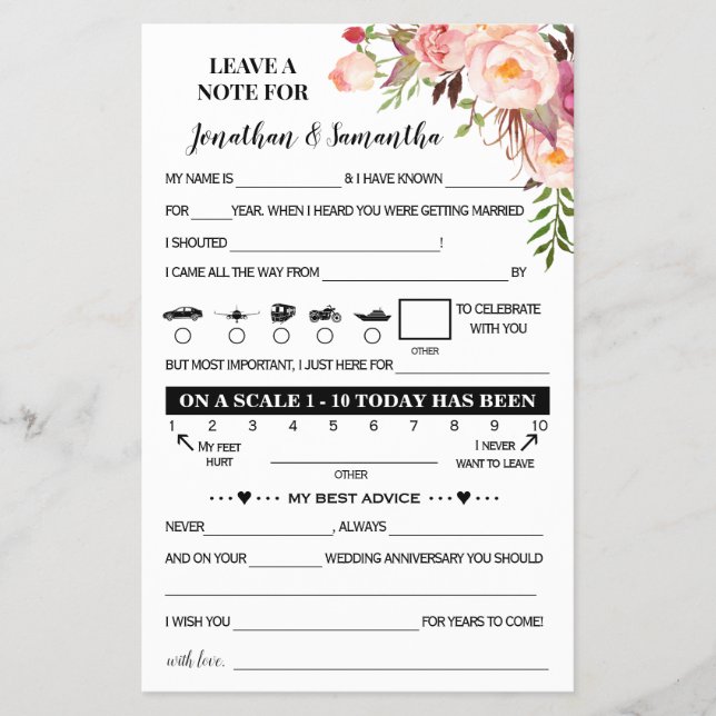 Pink Note for Couple Wedding Reception Card (Front)