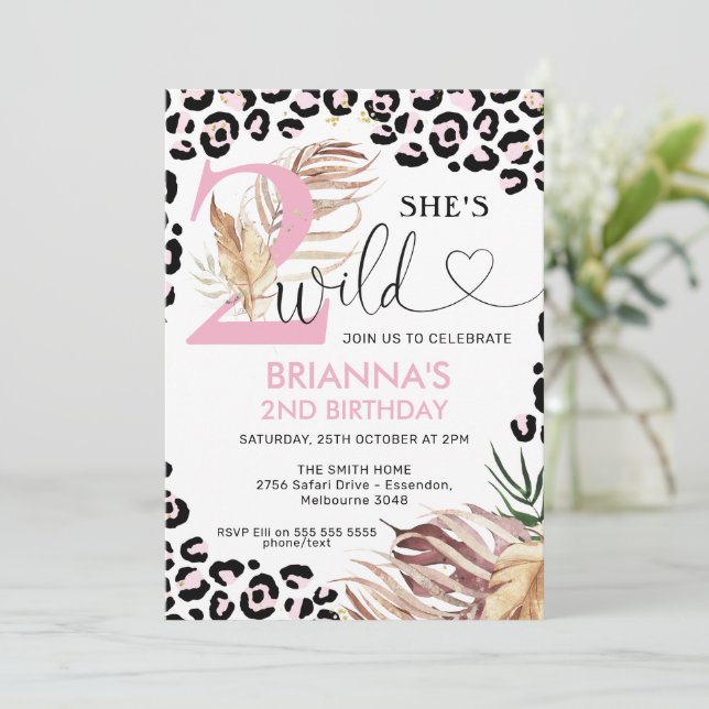 Pink Number Foliage Safari Two Wild Birthday Invitation (Standing Front)