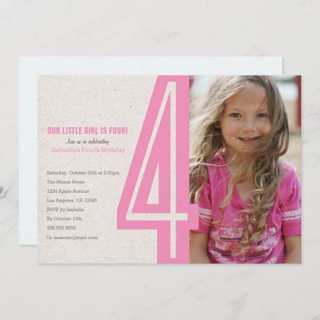 Pink Number Four Birthday Party Invitation (Front/Back)