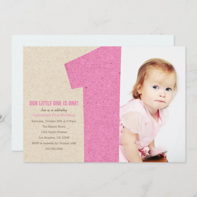 Pink Number One First Birthday Party Invitation (Front/Back)