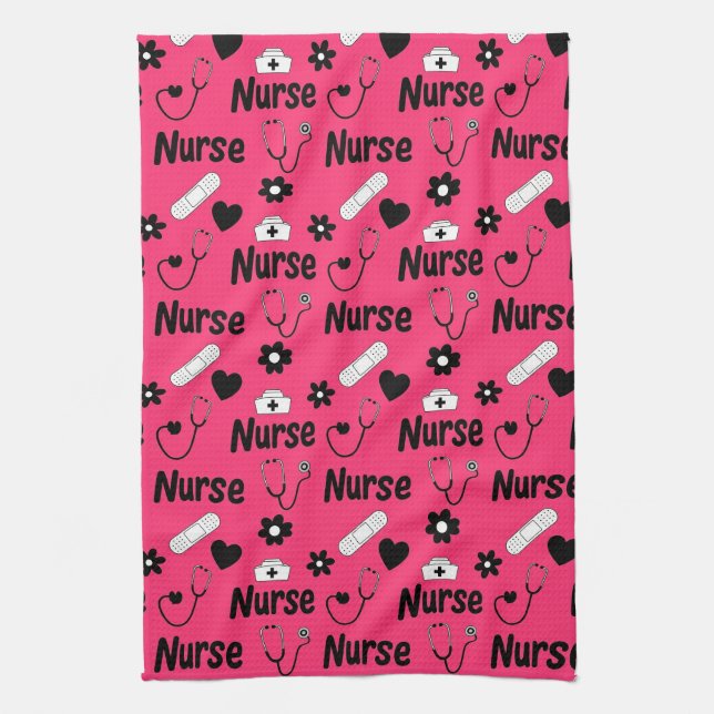 Pink Nurse Life Seamless Pattern (2) Tea Towel (Vertical)
