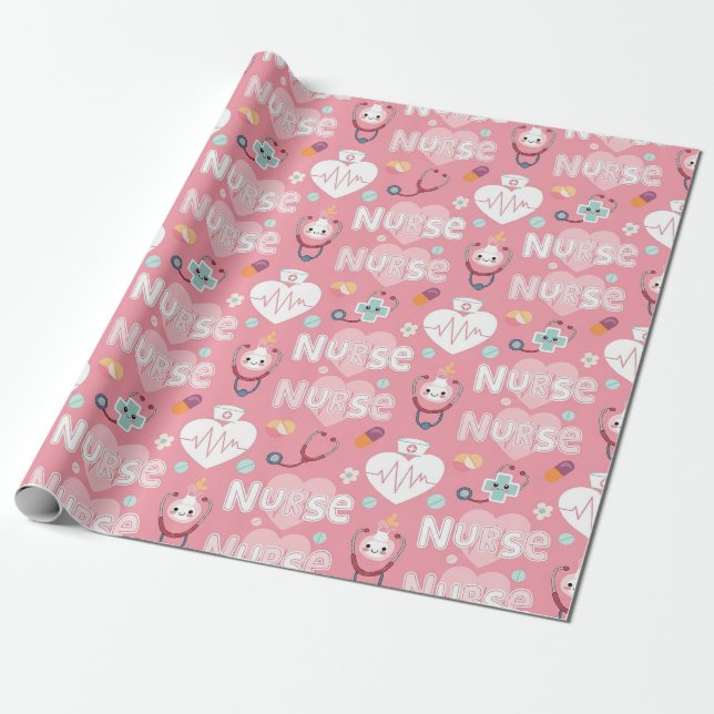 Pink Nurse Life Seamless Pattern (4) Wrapping Paper (Unrolled)
