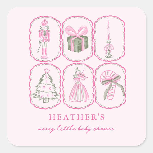 Pink Nutcracker A Merry Little Baby Shower Square Sticker (Front)