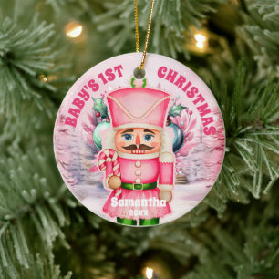 Pink Nutcracker Baby 1st Christmas Photo Ornament