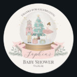 Pink Nutcracker Baby Shower Favours Classic Round Sticker<br><div class="desc">Celebrate the arrival of your little sugar plum with this magical Pastel Pink Nutcracker baby shower collection. This delightful printable party decor captures the magic of a Christmas Winter Wonderland theme, perfect for your girl's special day. Instantly downloadable, the designs features a whimsical array of Sugar Plum holiday decorations, infusing...</div>