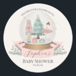 Pink Nutcracker Baby Shower Favours Classic Round Sticker<br><div class="desc">Celebrate the arrival of your little sugar plum with this magical Pastel Pink Nutcracker baby shower collection. This delightful printable party decor captures the magic of a Christmas Winter Wonderland theme, perfect for your girl's special day. Instantly downloadable, the designs features a whimsical array of Sugar Plum holiday decorations, infusing...</div>