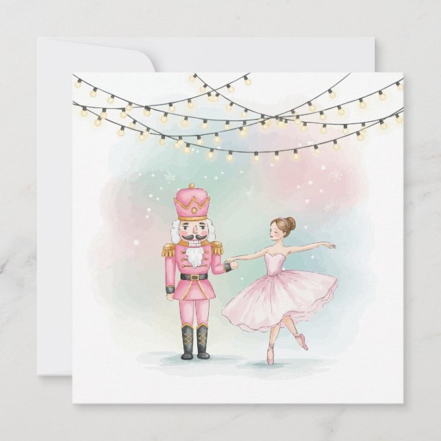 Pink Nutcracker & Ballerina  Christmas Card  (Front)