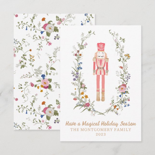 Pink Nutcracker Ballet Flower Christmas Card (Front/Back)